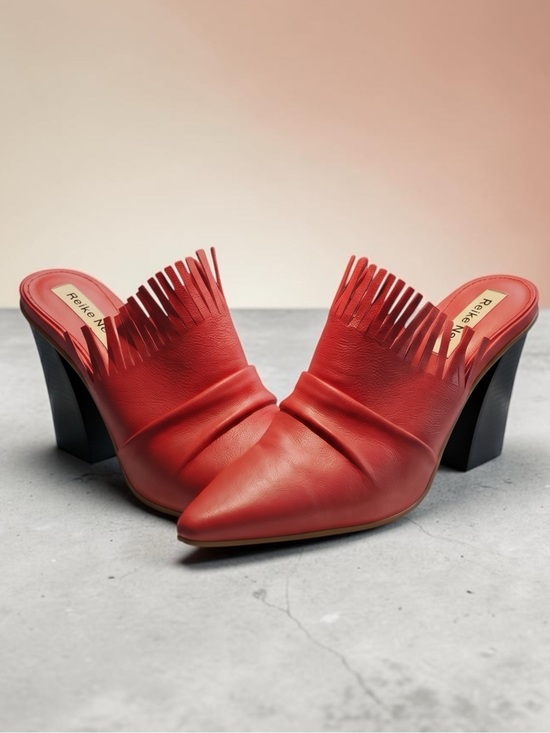 Shoes - Reike Nen Red Leather Fringe Heeled Mules Slip-on Shoes Pointed Toe Women's 7 37